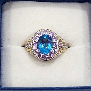 Blue Topaz, Tanzanite & White Zircon halo ring 3.10 tcw 14K YG & Plat/925 SS sz8